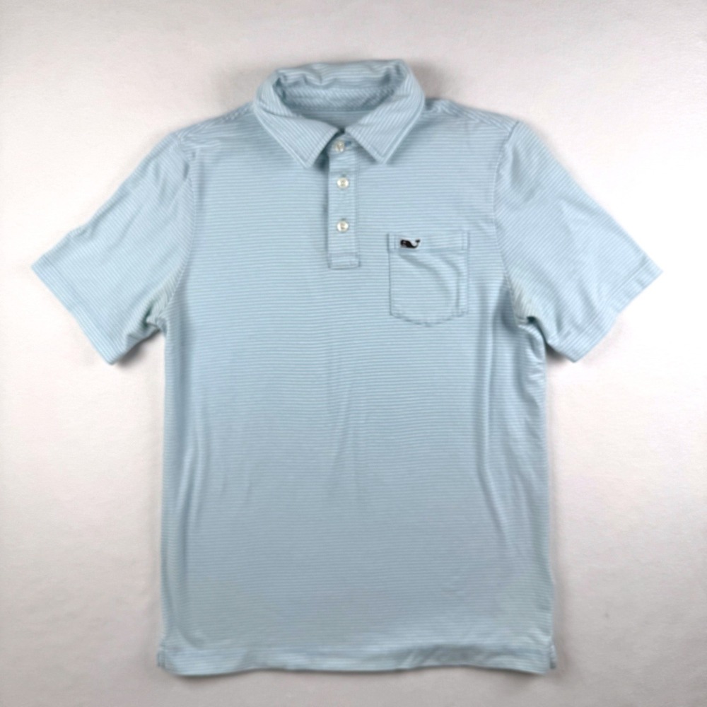Vineyard Vines Boys Edgartown Polo Shirt Blue White Stripe Pima Cotton Medium